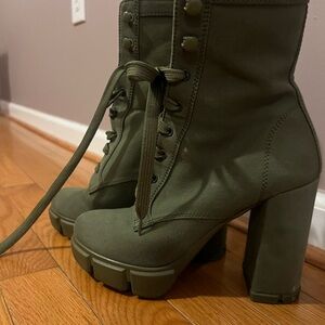 Prada Olive Lace Up High Heel Boots